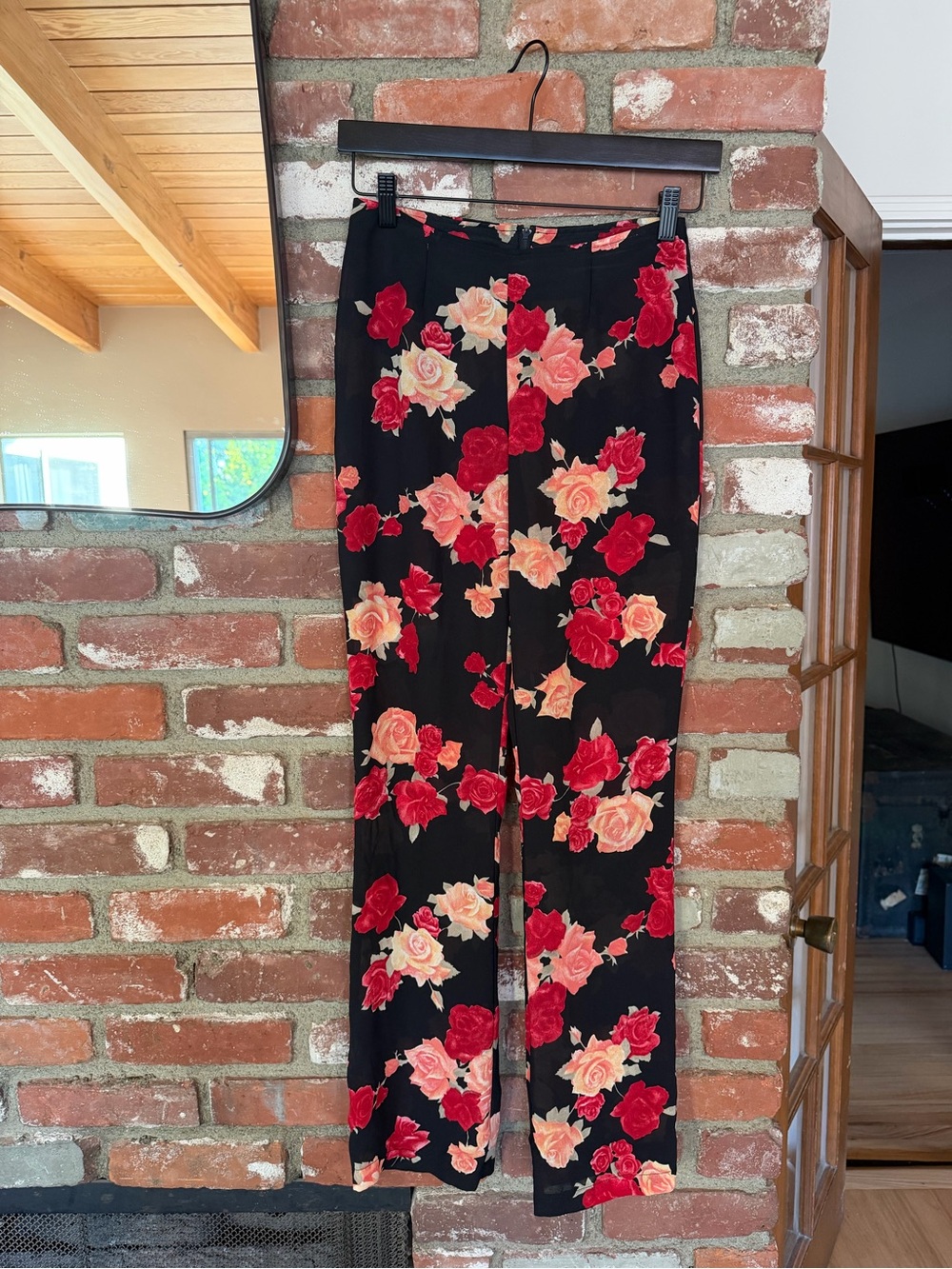 Vintage Black Floral Wide-Leg Pants with Red & Pink Roses
